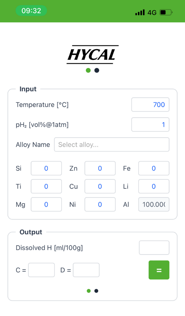 入出力フィールドを示すHycal ウェブアプリインターフェース